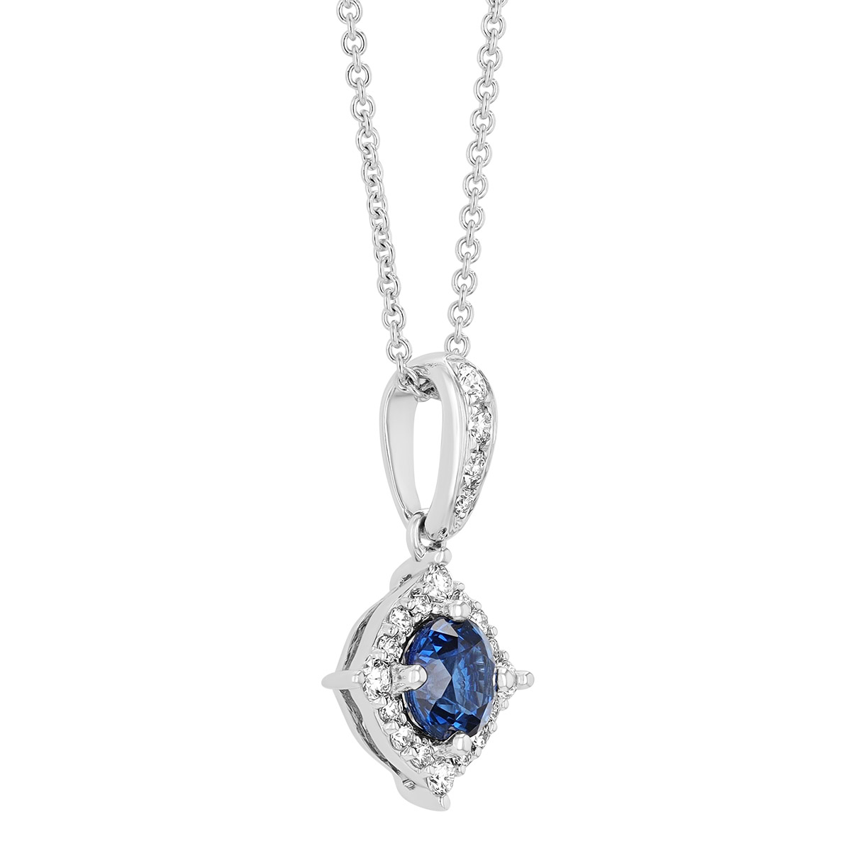 Round Sapphire & Diamond Halo Pendant in White Gold, 18
