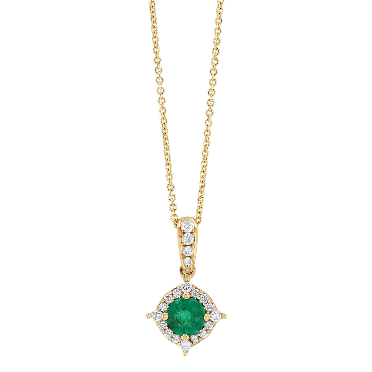 Round Emerald & Diamond Pointed Halo Pendant in Yellow Gold, 18