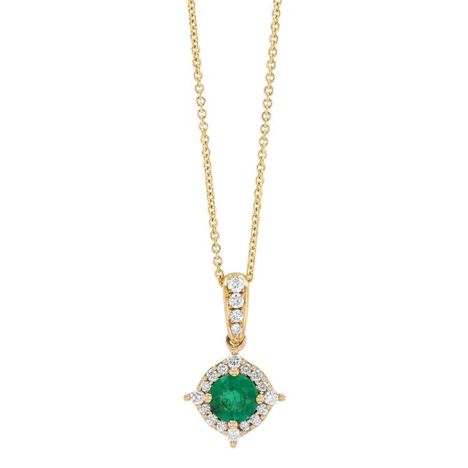 Round Emerald & Diamond Pointed Halo Pendant in Yellow Gold, 18"