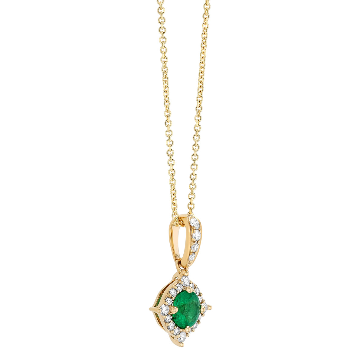 Round Emerald & Diamond Pointed Halo Pendant in Yellow Gold, 18