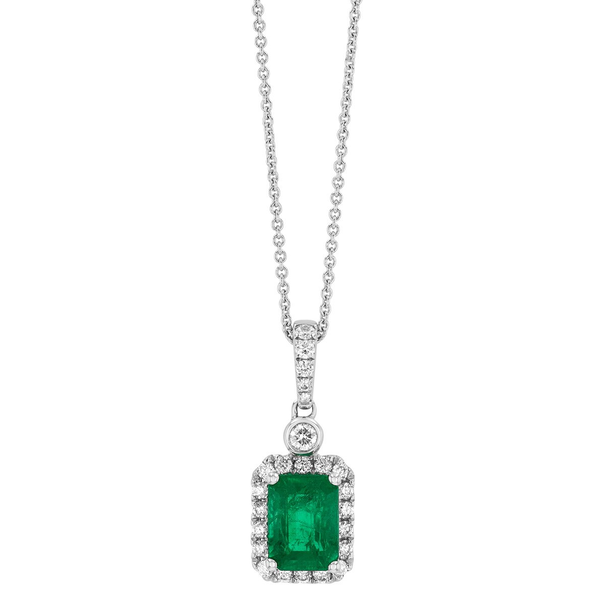 Emerald Cut Emerald & Diamond Halo Pendant in White Gold, 18