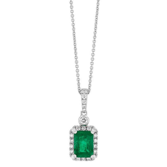 Emerald Cut Emerald & Diamond Halo Pendant in White Gold, 18"