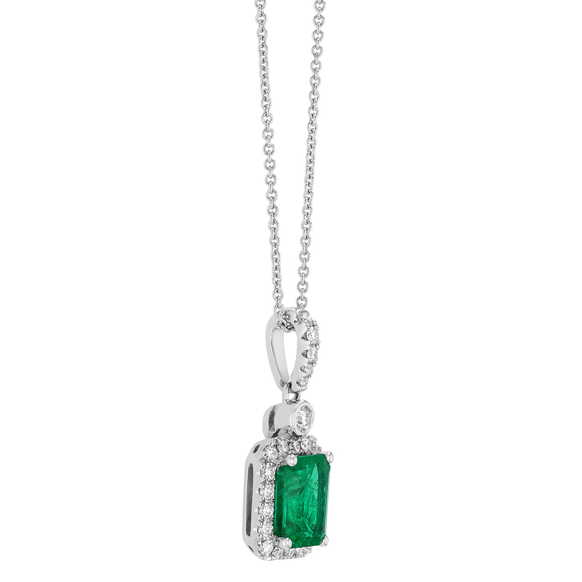 Emerald Cut Emerald & Diamond Halo Pendant in White Gold, 18