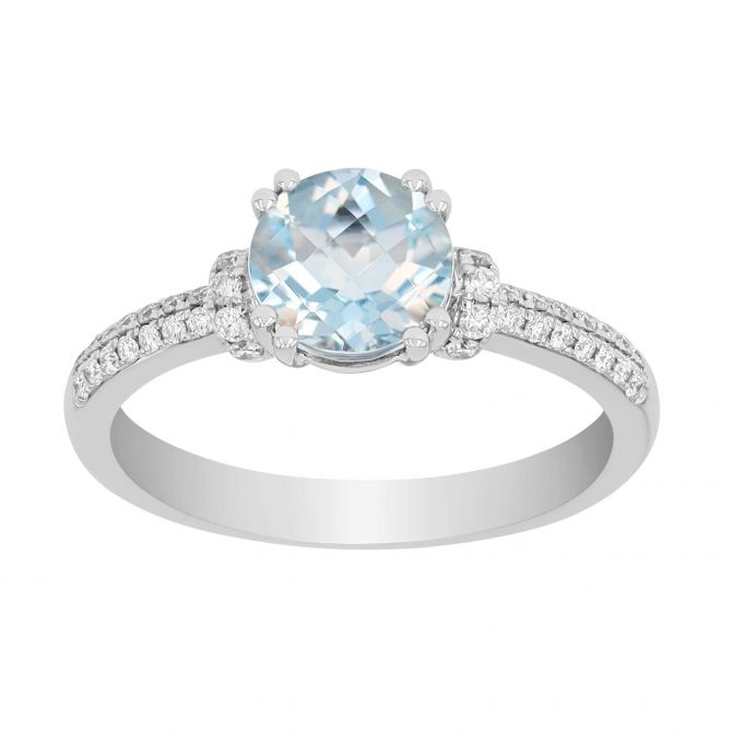 Round Aquamarine & Diamond Pavé Ring in White Gold