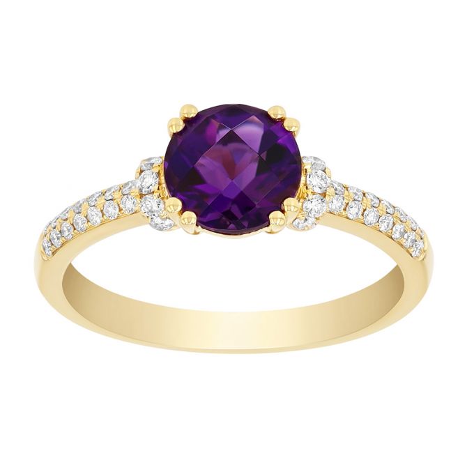 Round Amethyst & Diamond Pavé Ring in Yellow Gold
