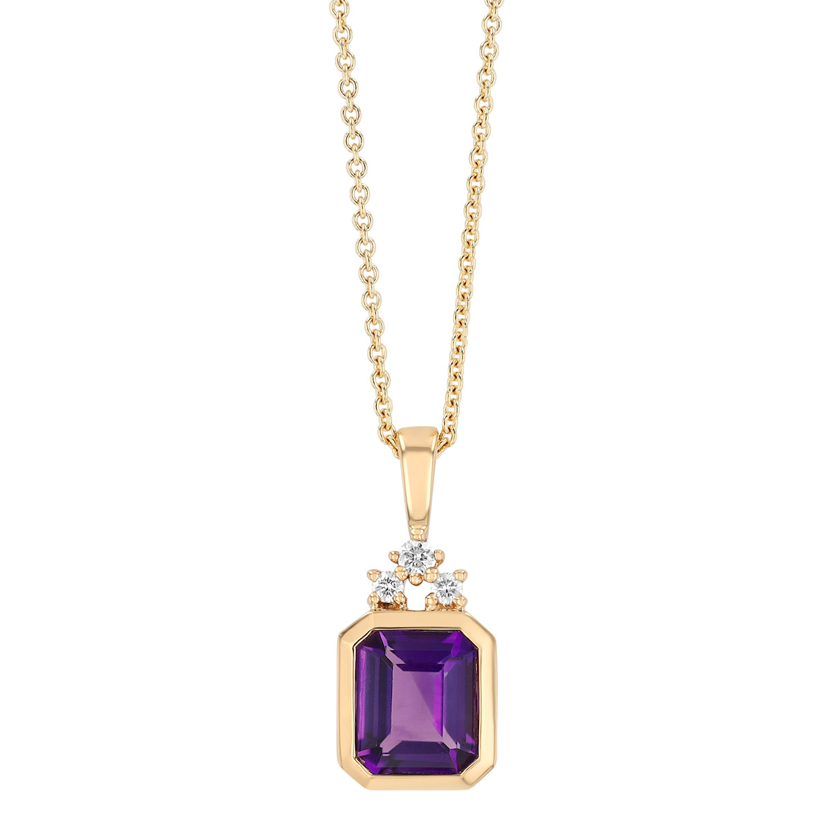 Bezel Set Emerald Cut Amethyst & Diamond Pendant in Yellow Gold, 18