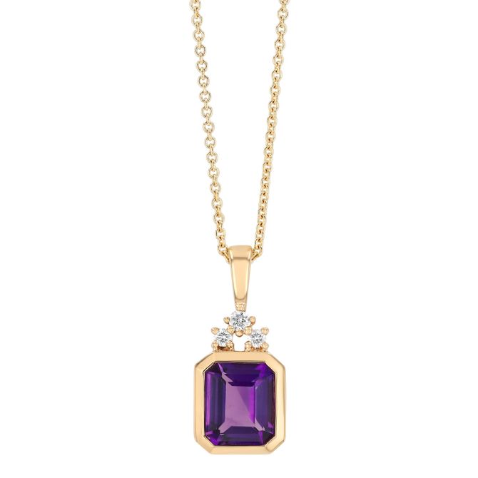 Bezel Set Emerald Cut Amethyst & Diamond Pendant in Yellow Gold, 18"