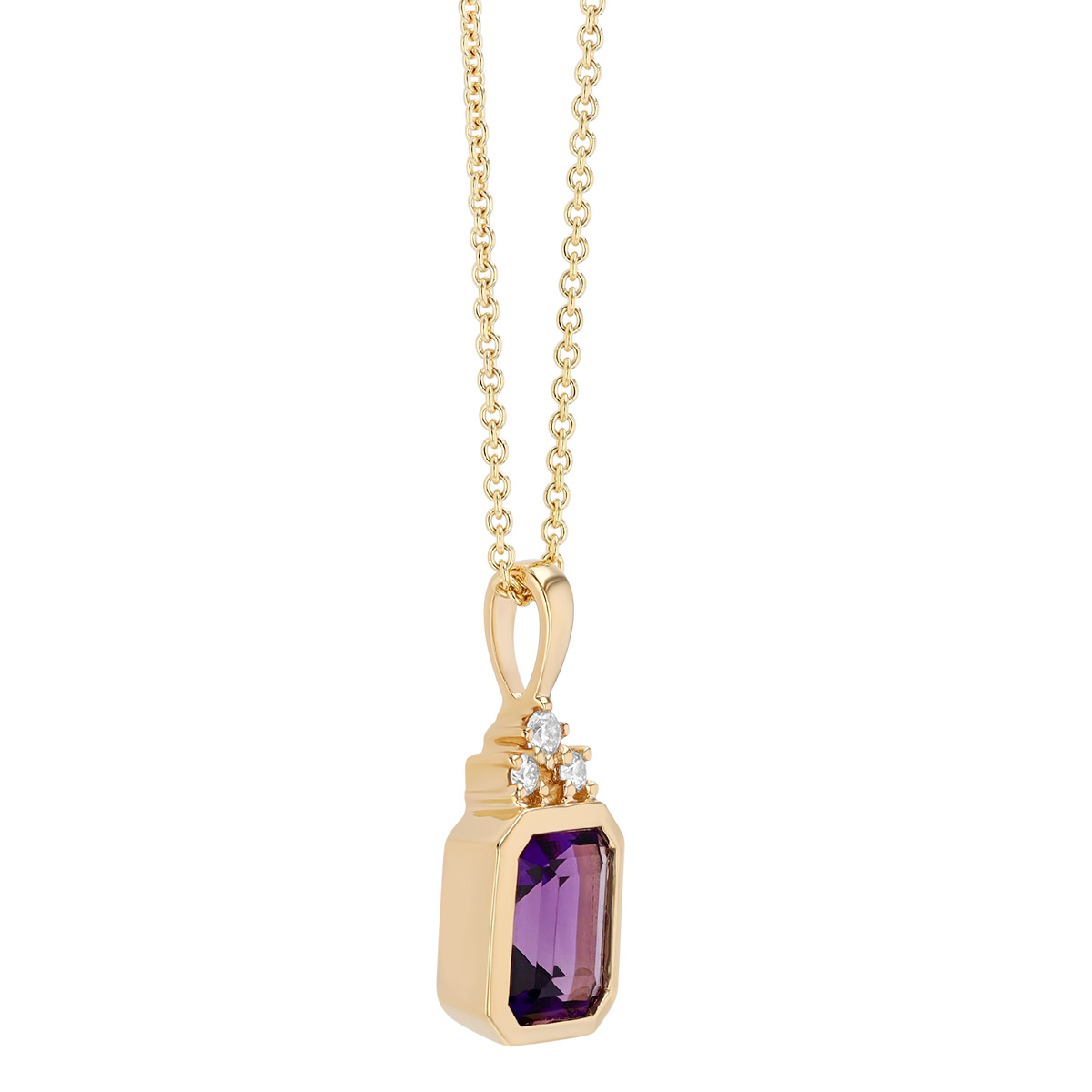 Bezel Set Emerald Cut Amethyst & Diamond Pendant in Yellow Gold, 18