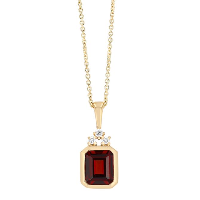 Bezel Set Emerald Cut Garnet & Diamond Pendant in Yellow Gold, 18"