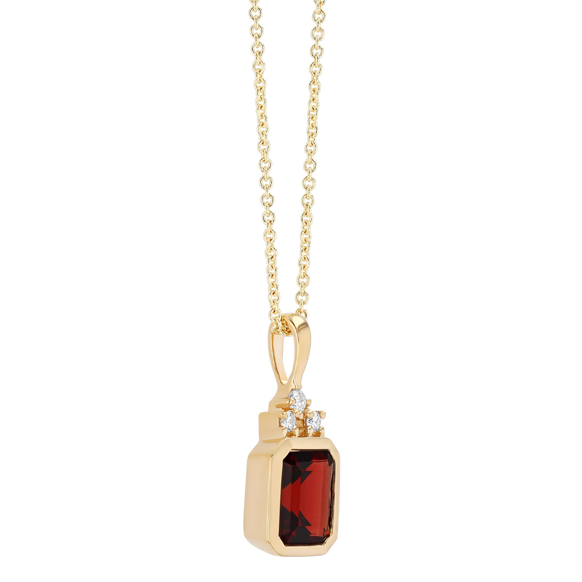 Bezel Set Emerald Cut Garnet & Diamond Pendant in Yellow Gold, 18