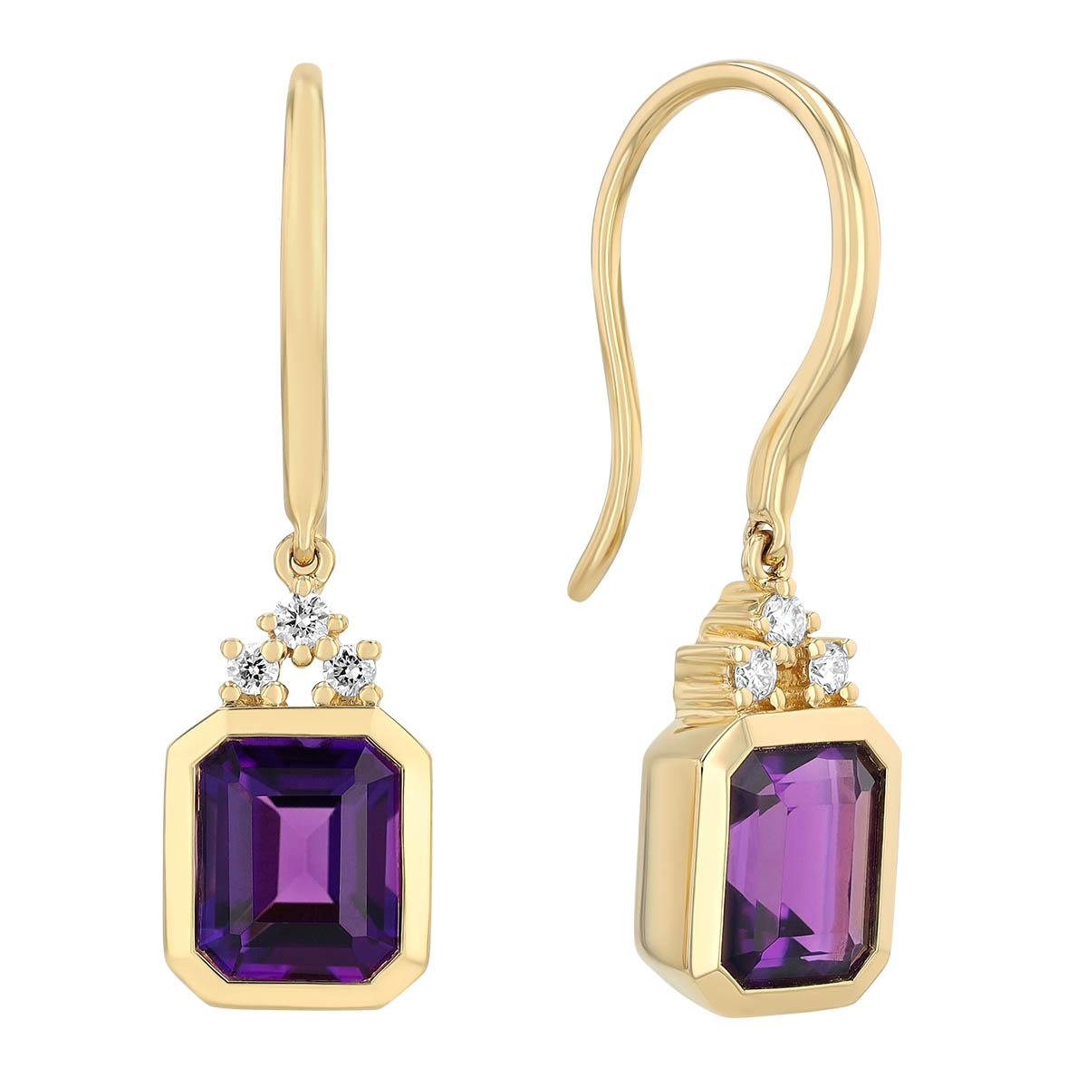 Bezel Set Emerald Cut Amethyst & Diamond Drop Earrings in Yellow Gold