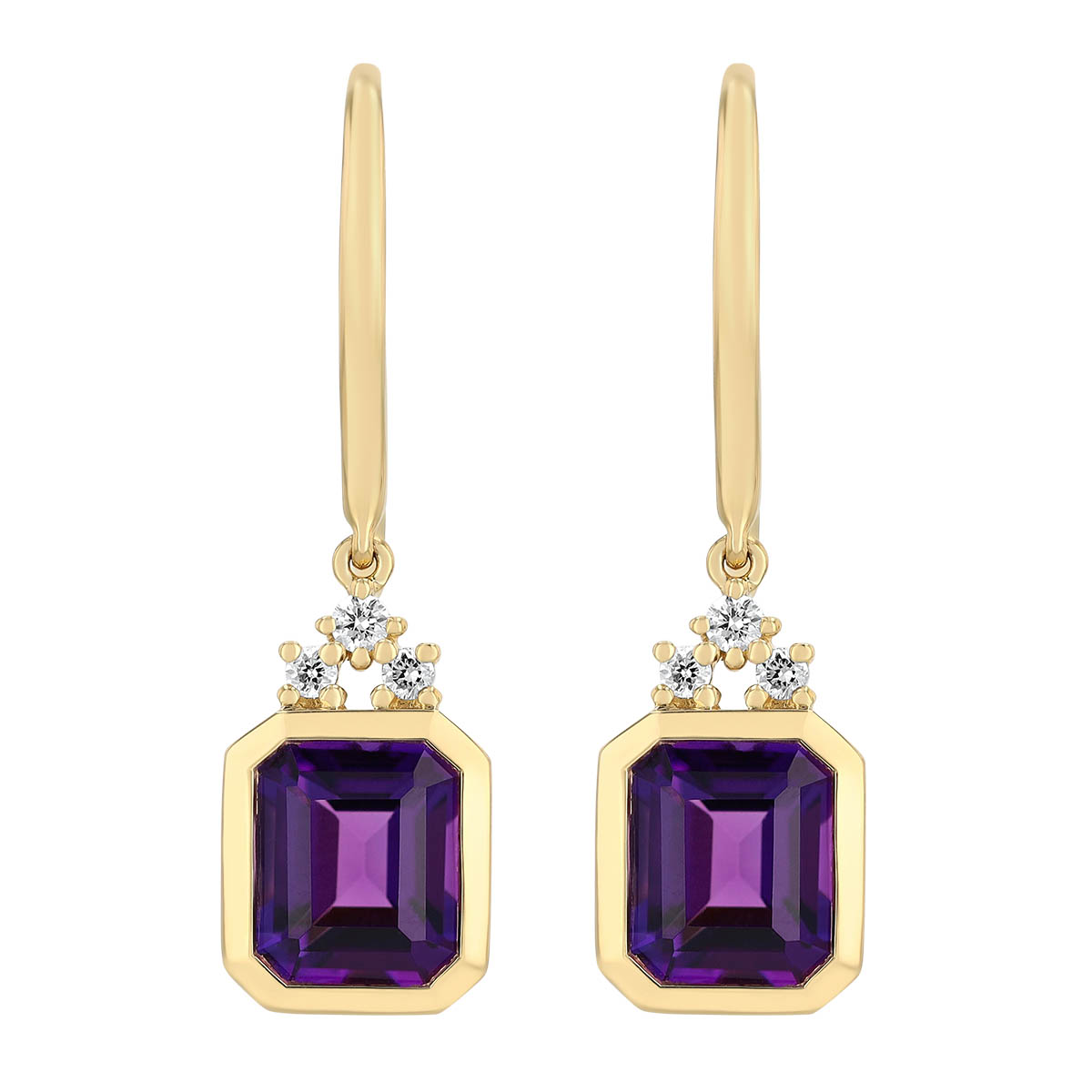 Bezel Set Emerald Cut Amethyst & Diamond Drop Earrings in Yellow Gold