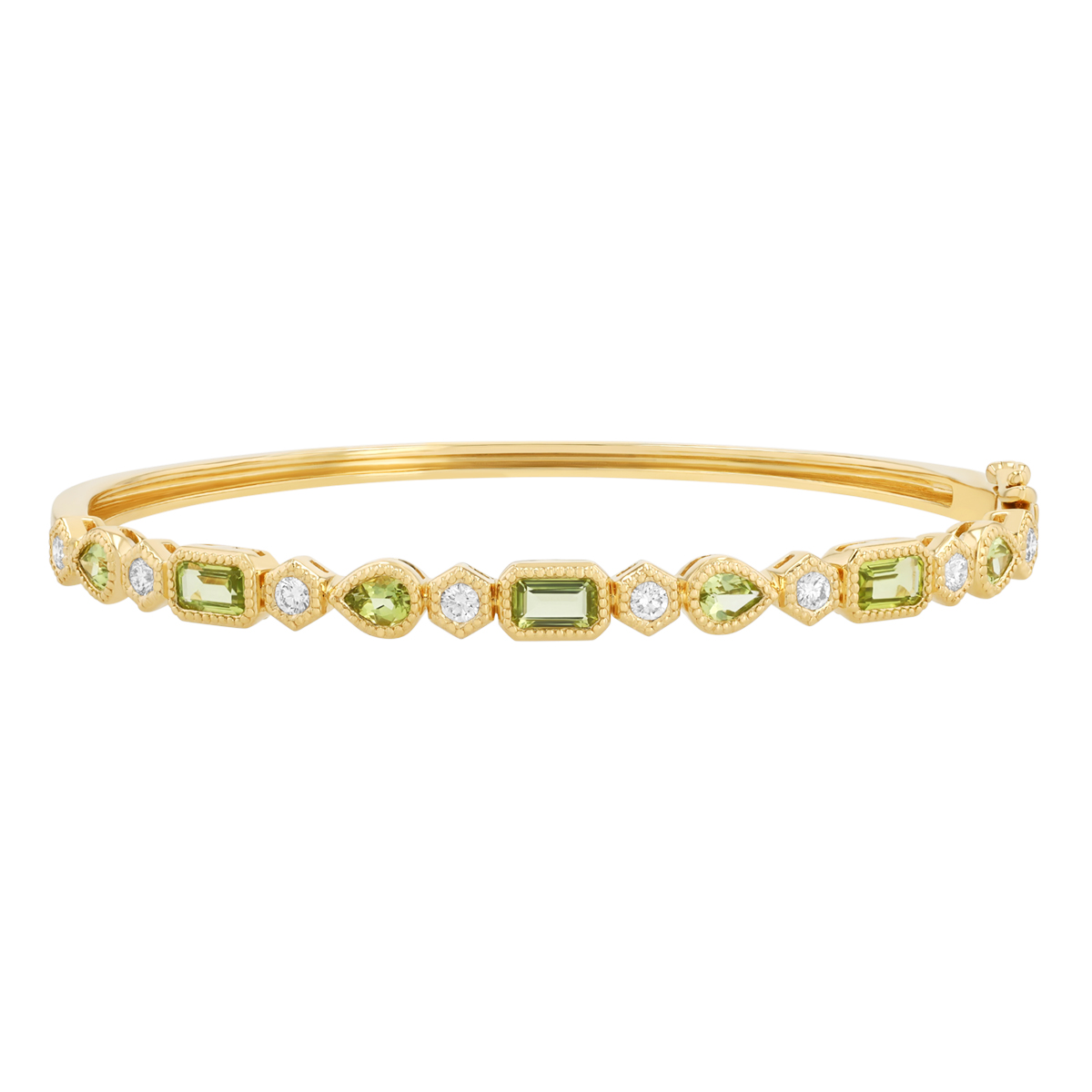 Mixed Shape Peridot & Diamond Bangle Bracelet in Yellow Gold