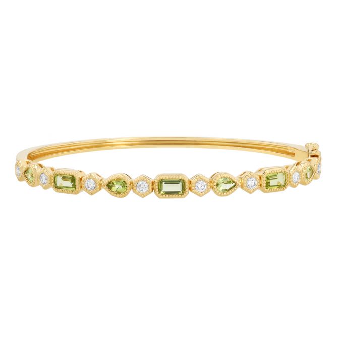 Mixed Shape Peridot & Diamond Bangle Bracelet in Yellow Gold
