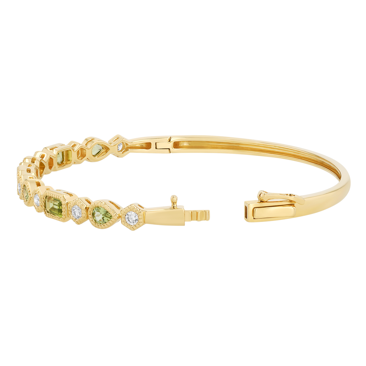 Mixed Shape Peridot & Diamond Bangle Bracelet in Yellow Gold