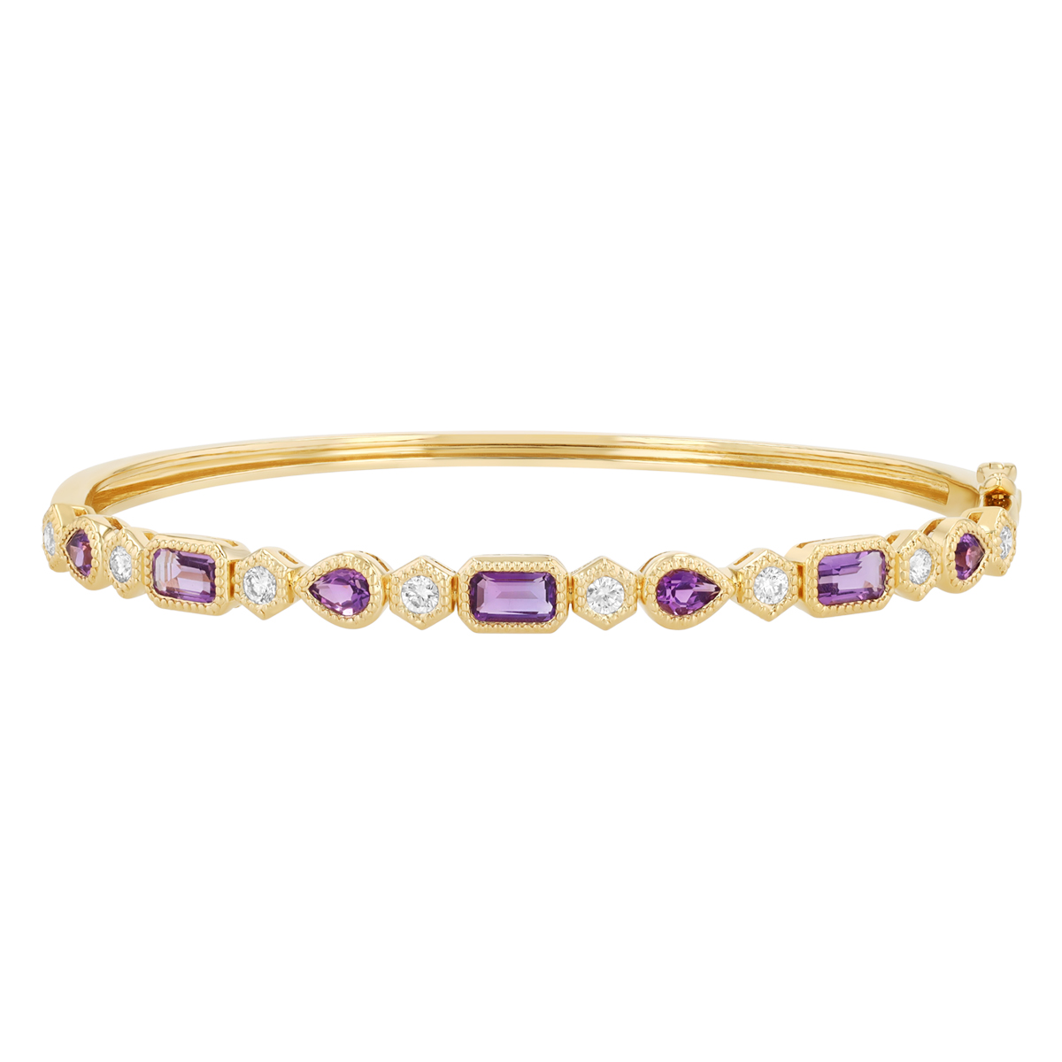 Mixed Shape Amethyst & Diamond Bangle Bracelet in Yellow Gold