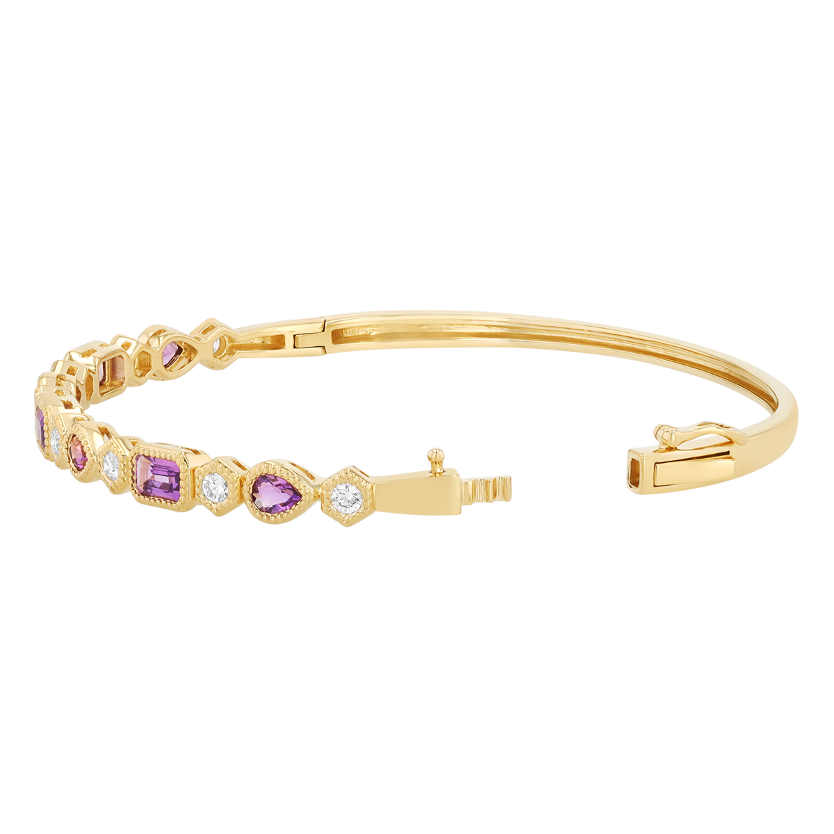 Mixed Shape Amethyst & Diamond Bangle Bracelet in Yellow Gold
