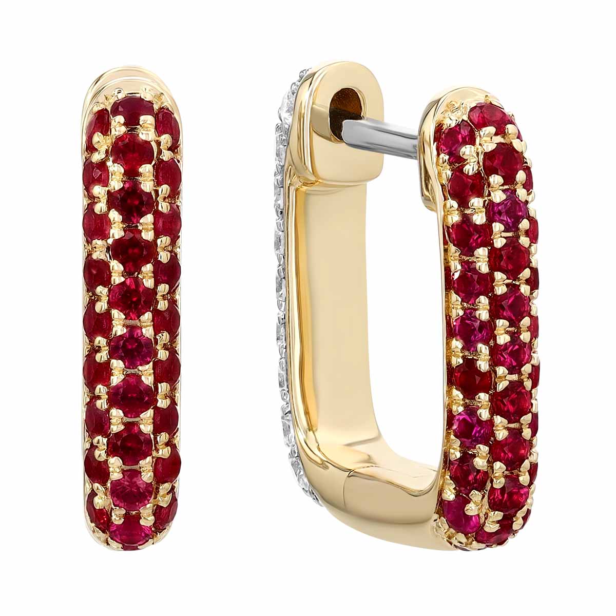 Ruby & Diamond Pavé Reversible Square Hoop Earrings in Yellow Gold