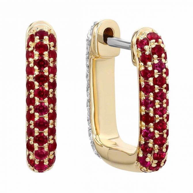 Ruby & Diamond Pavé Reversible Square Hoop Earrings in Yellow Gold
