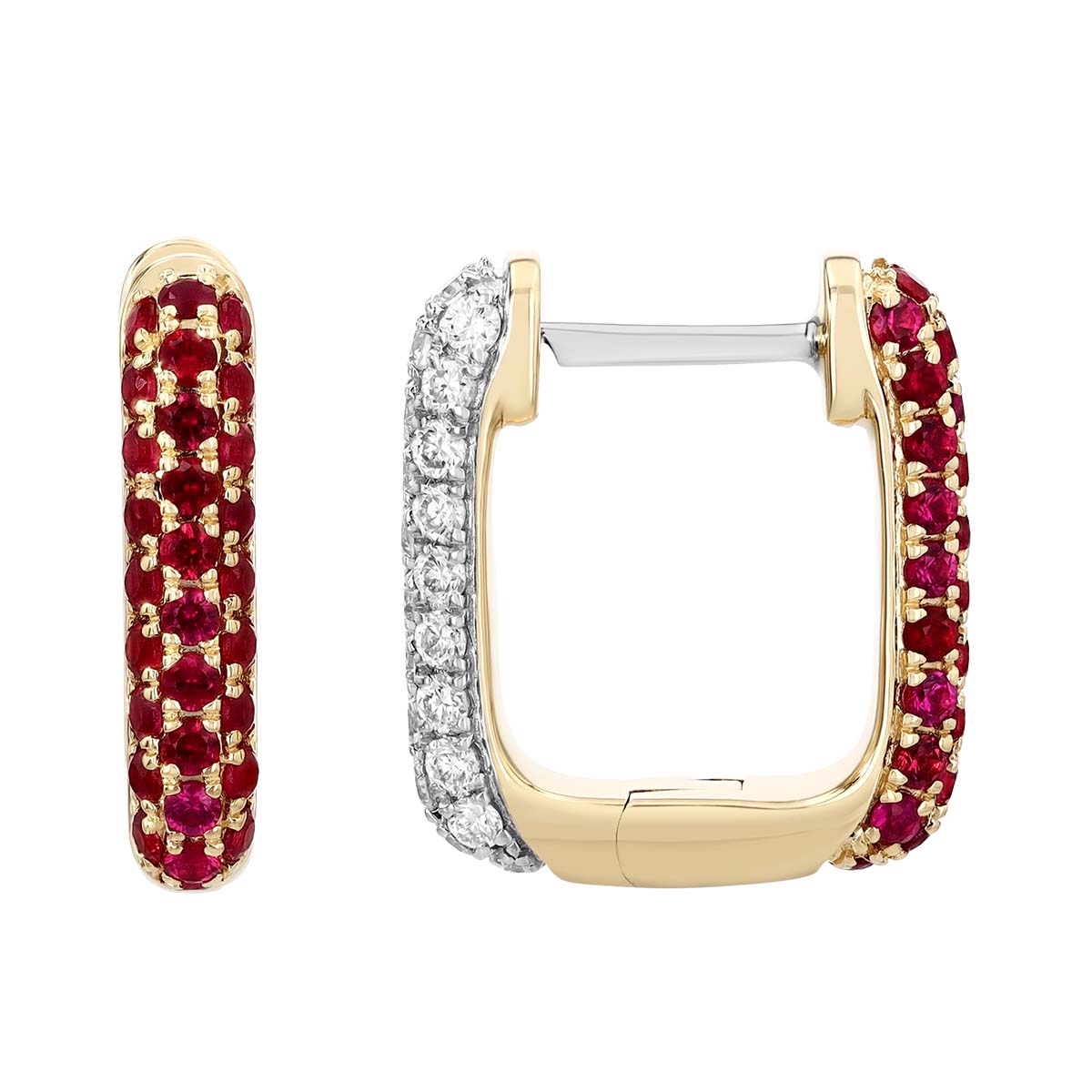 Ruby & Diamond Pavé Reversible Square Hoop Earrings in Yellow Gold