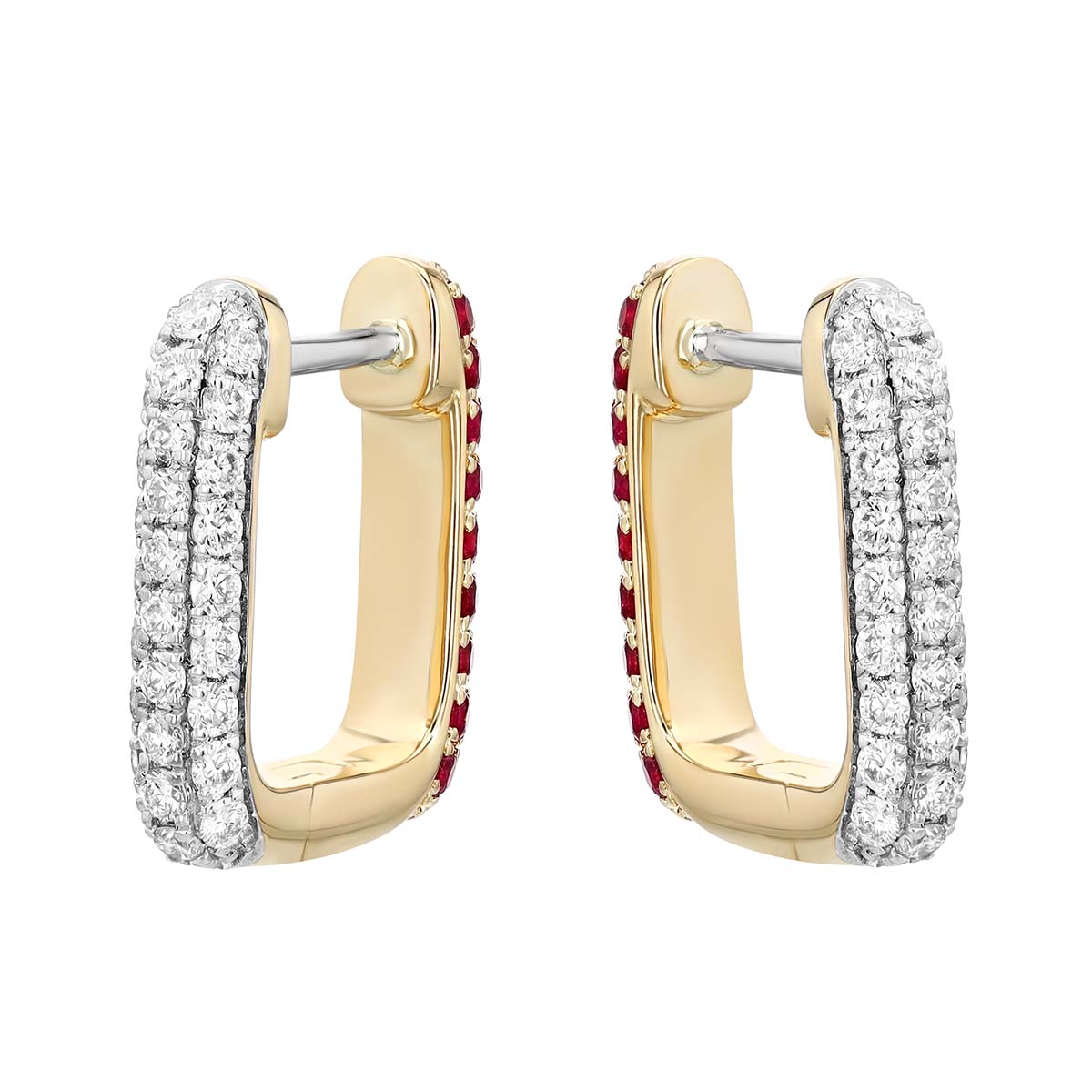 Ruby & Diamond Pavé Reversible Square Hoop Earrings in Yellow Gold
