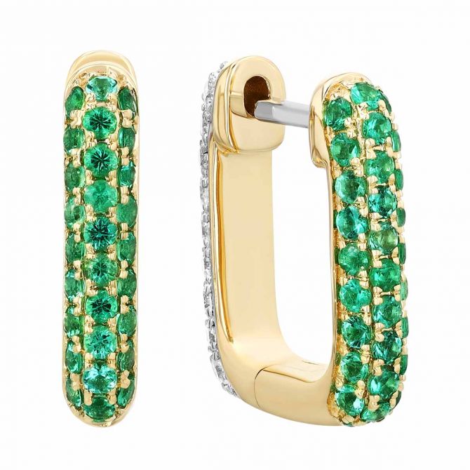 Emerald & Diamond Pavé Reversible Square Hoop Earrings in Yellow Gold