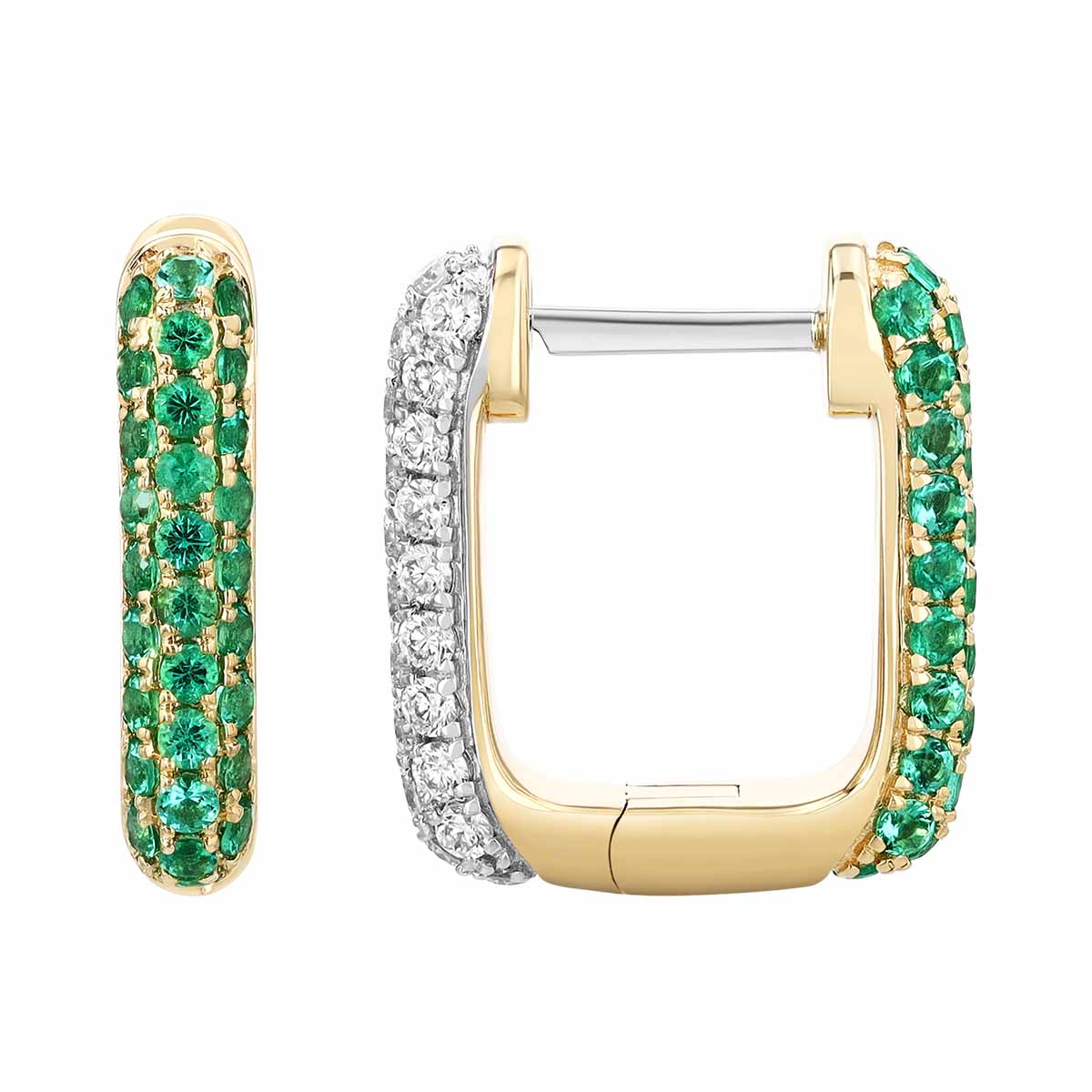 Emerald & Diamond Pavé Reversible Square Hoop Earrings in Yellow Gold