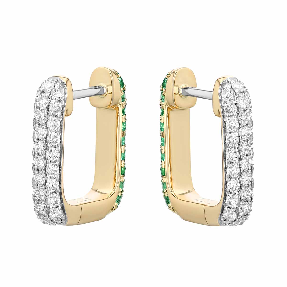 Emerald & Diamond Pavé Reversible Square Hoop Earrings in Yellow Gold