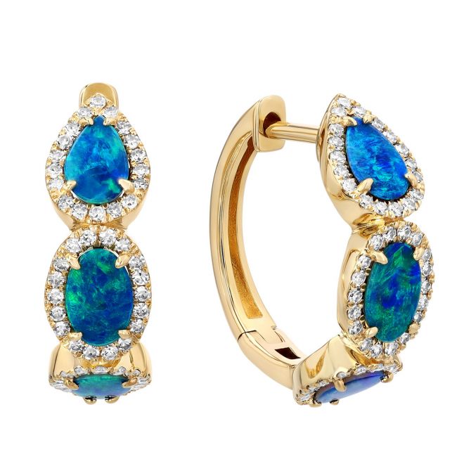 Black Opal & Diamond Halo Trio Hoop Earrings in Yellow Gold