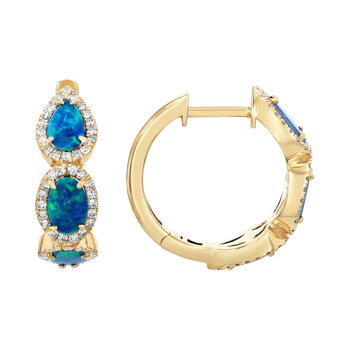 Black Opal & Diamond Halo Trio Hoop Earrings in Yellow Gold