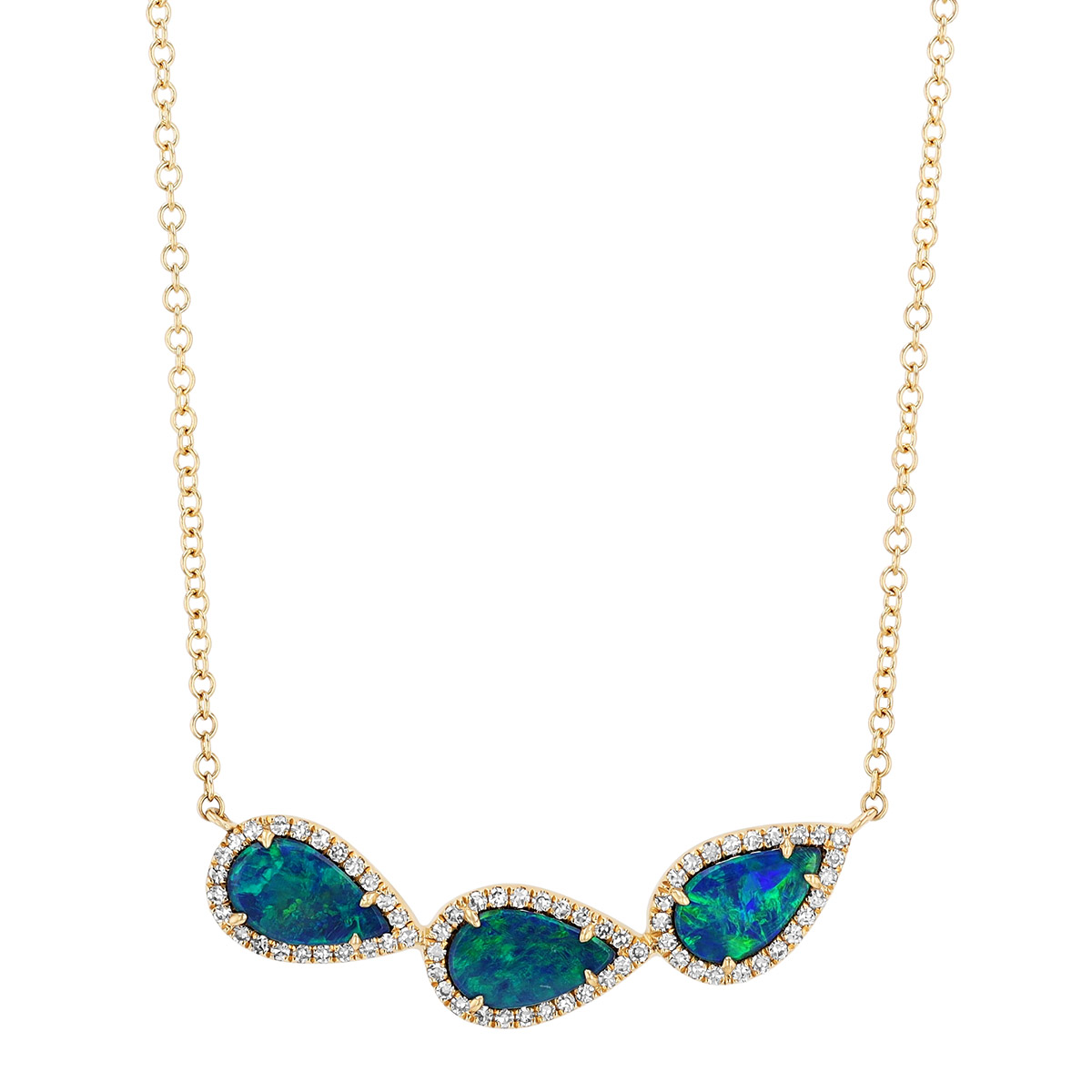 Pear Shape Black Opal & Diamond Halo Trio Necklace in Yellow Gold, 18
