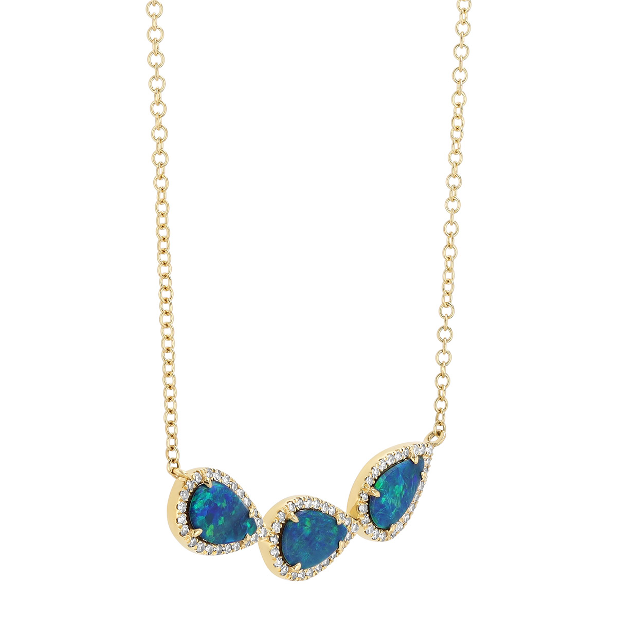 Pear Shape Black Opal & Diamond Halo Trio Necklace in Yellow Gold, 18