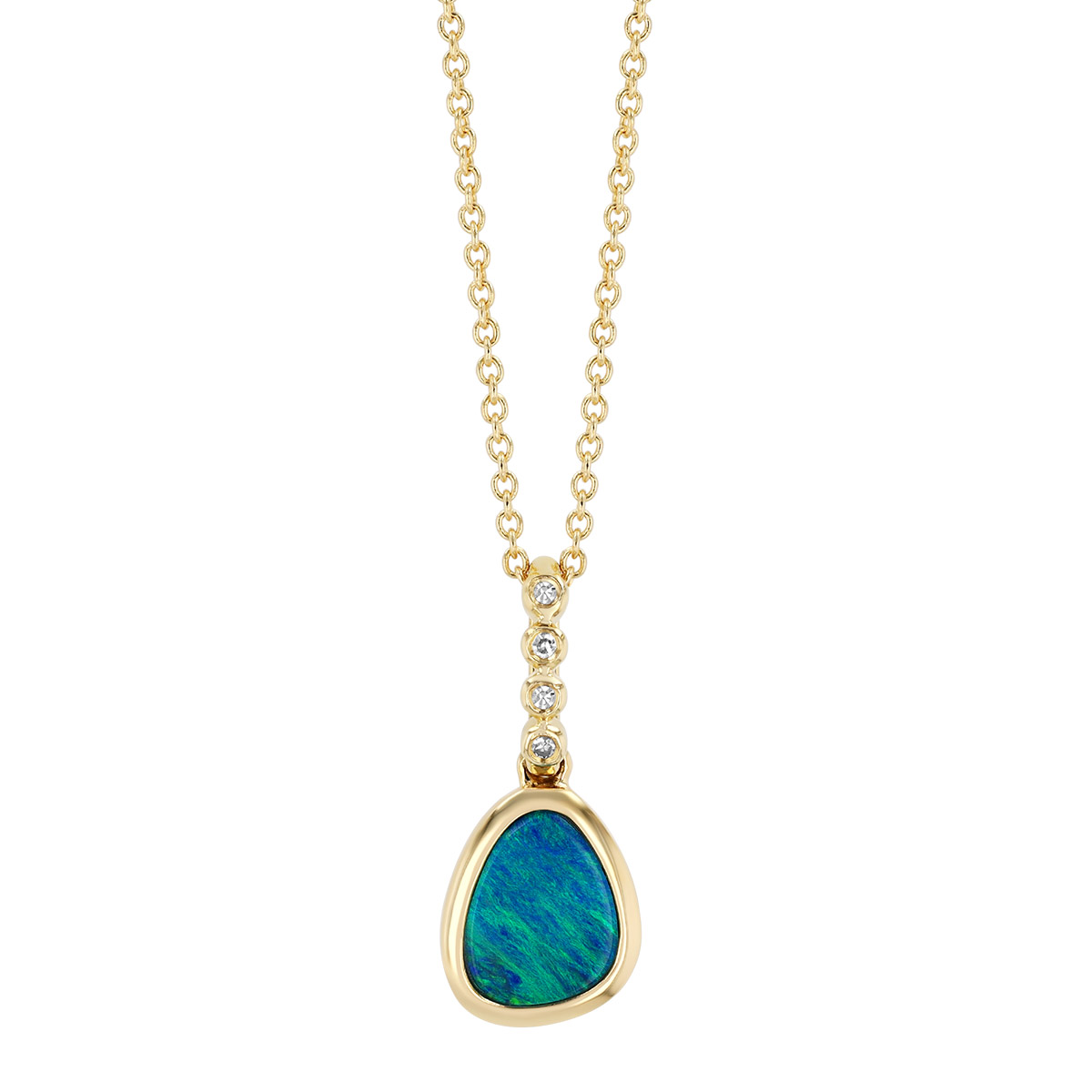 Bezel Set Black Opal & Diamond Bail Pendant in Yellow Gold, 16