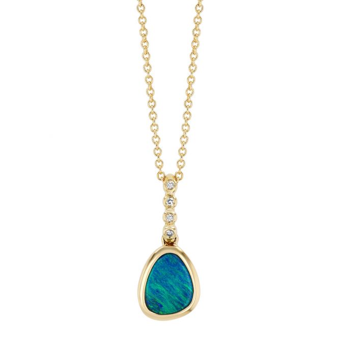 Bezel Set Black Opal & Diamond Bail Pendant in Yellow Gold, 16"