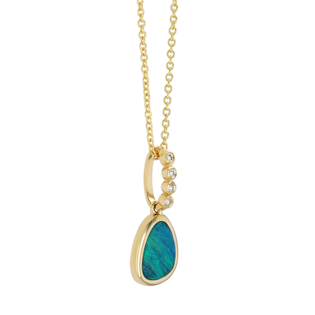 Bezel Set Black Opal & Diamond Bail Pendant in Yellow Gold, 16