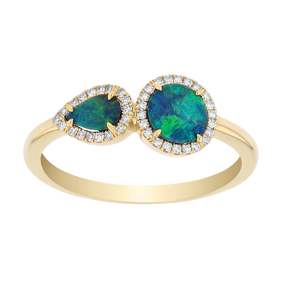 Round & Pear Shape Black Opal & Diamond Halo Duo Ring in Yellow Gold