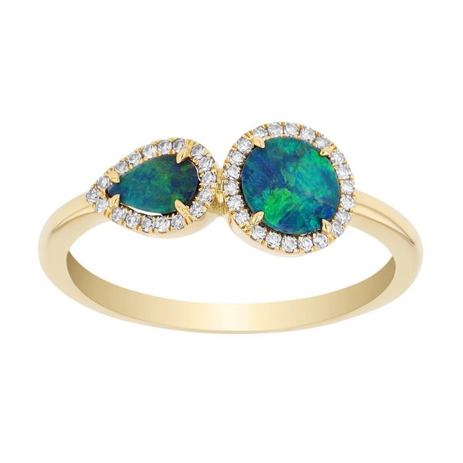 Round & Pear Shape Black Opal & Diamond Halo Duo Ring in Yellow Gold