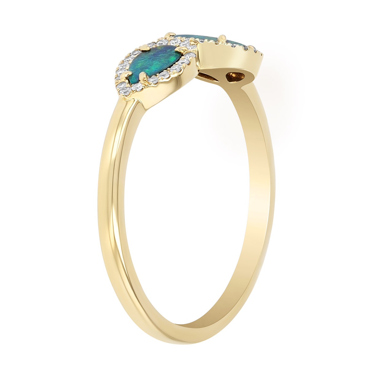 Round & Pear Shape Black Opal & Diamond Halo Duo Ring in Yellow Gold