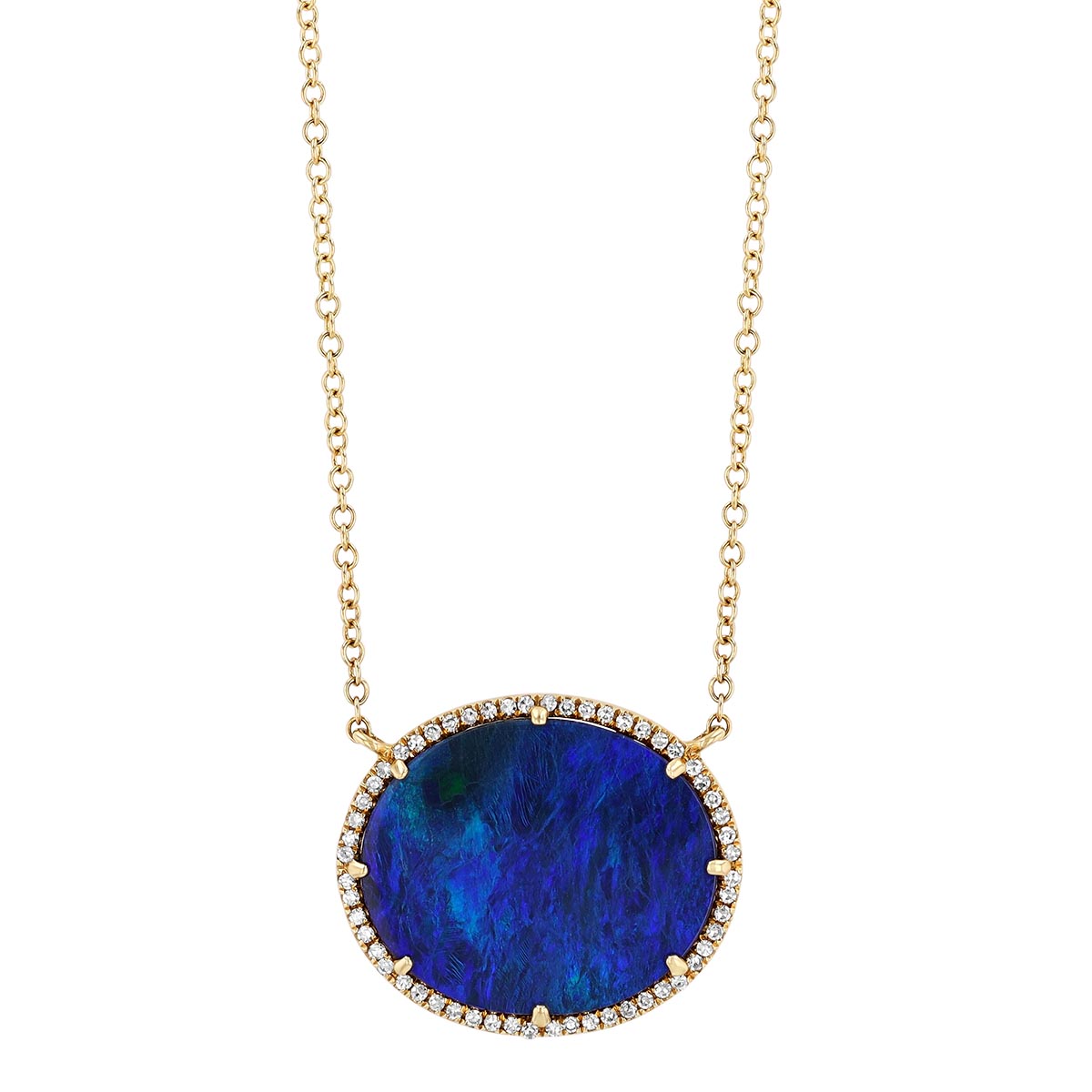 Rounded Black Opal & Diamond Halo Pendant in Yello Gold, 18