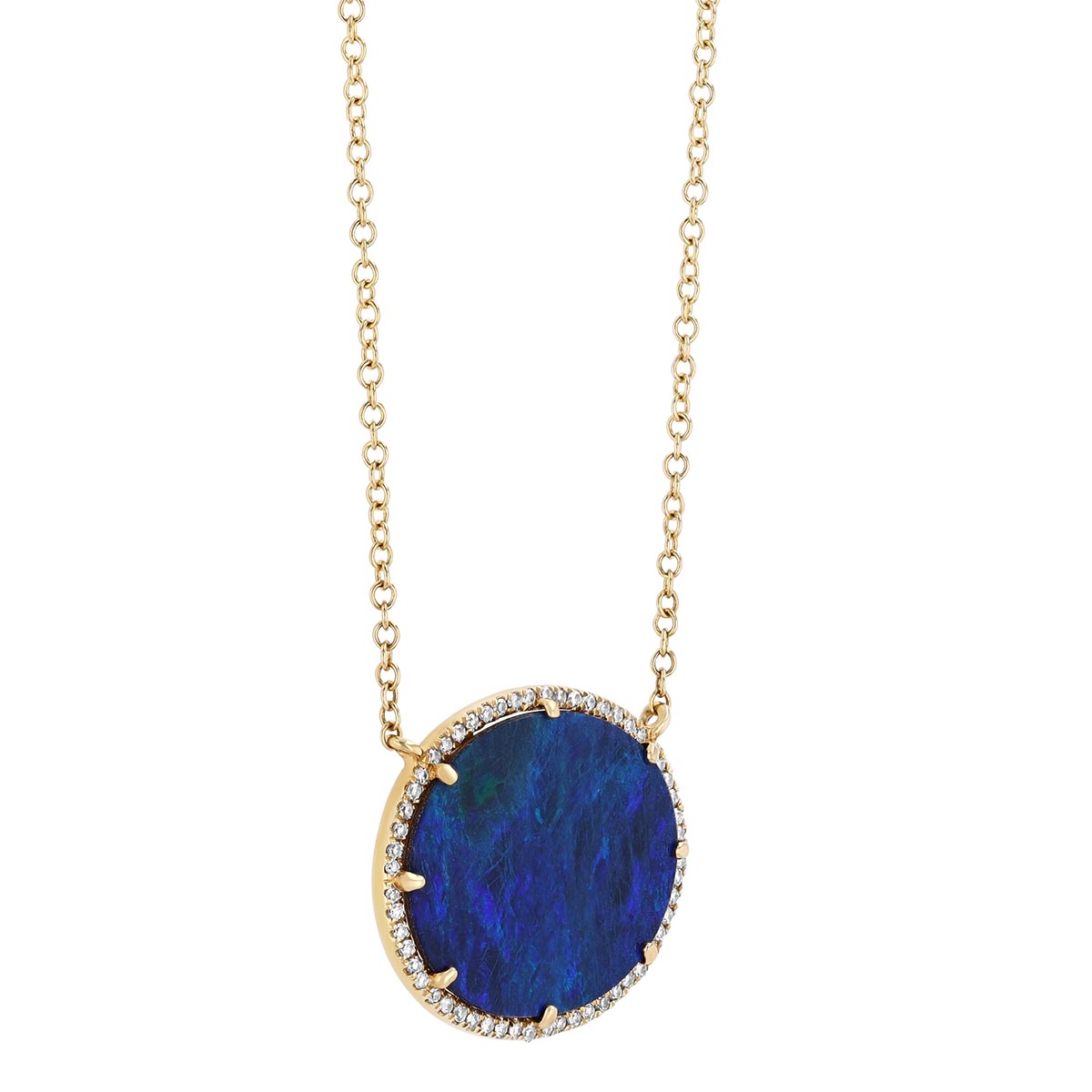 Rounded Black Opal & Diamond Halo Pendant in Yello Gold, 18