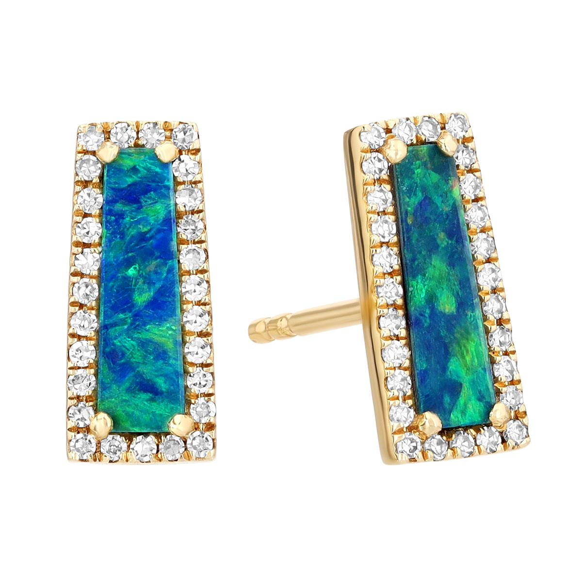 Rectangle Black Opal & Diamond Halo Stud Earrings in Yellow Gold