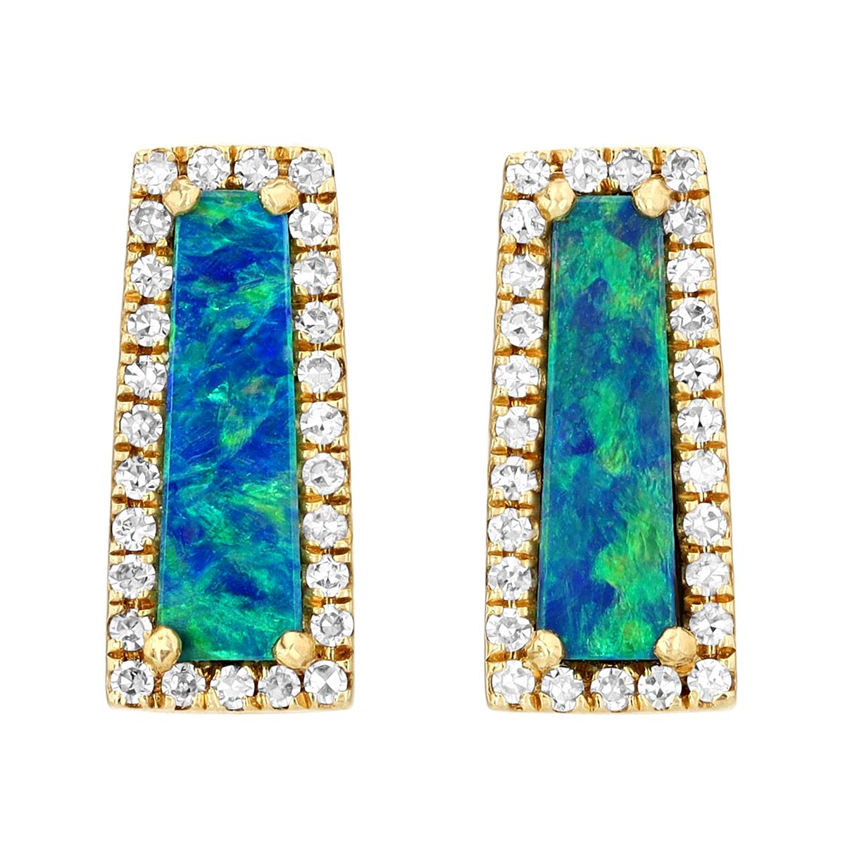Rectangle Black Opal & Diamond Halo Stud Earrings in Yellow Gold