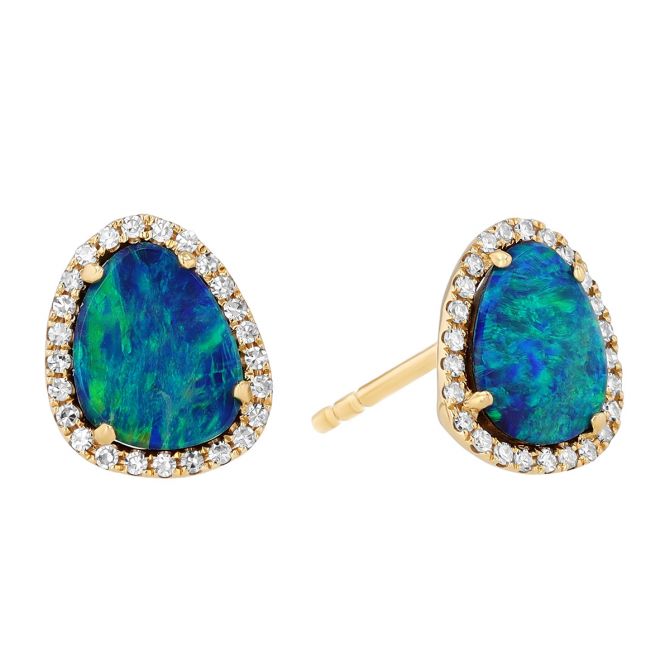Black Opal & Diamond Halo Stud Earrings in Yellow Gold