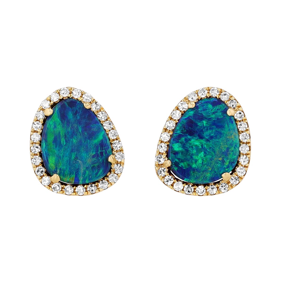 Black Opal & Diamond Halo Stud Earrings in Yellow Gold