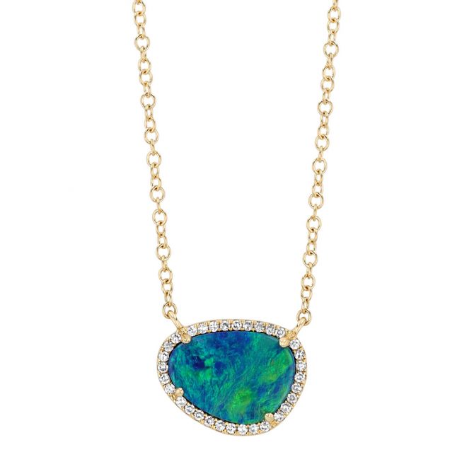 Black Opal & Diamond Halo Pendant in Yellow Gold, 18"