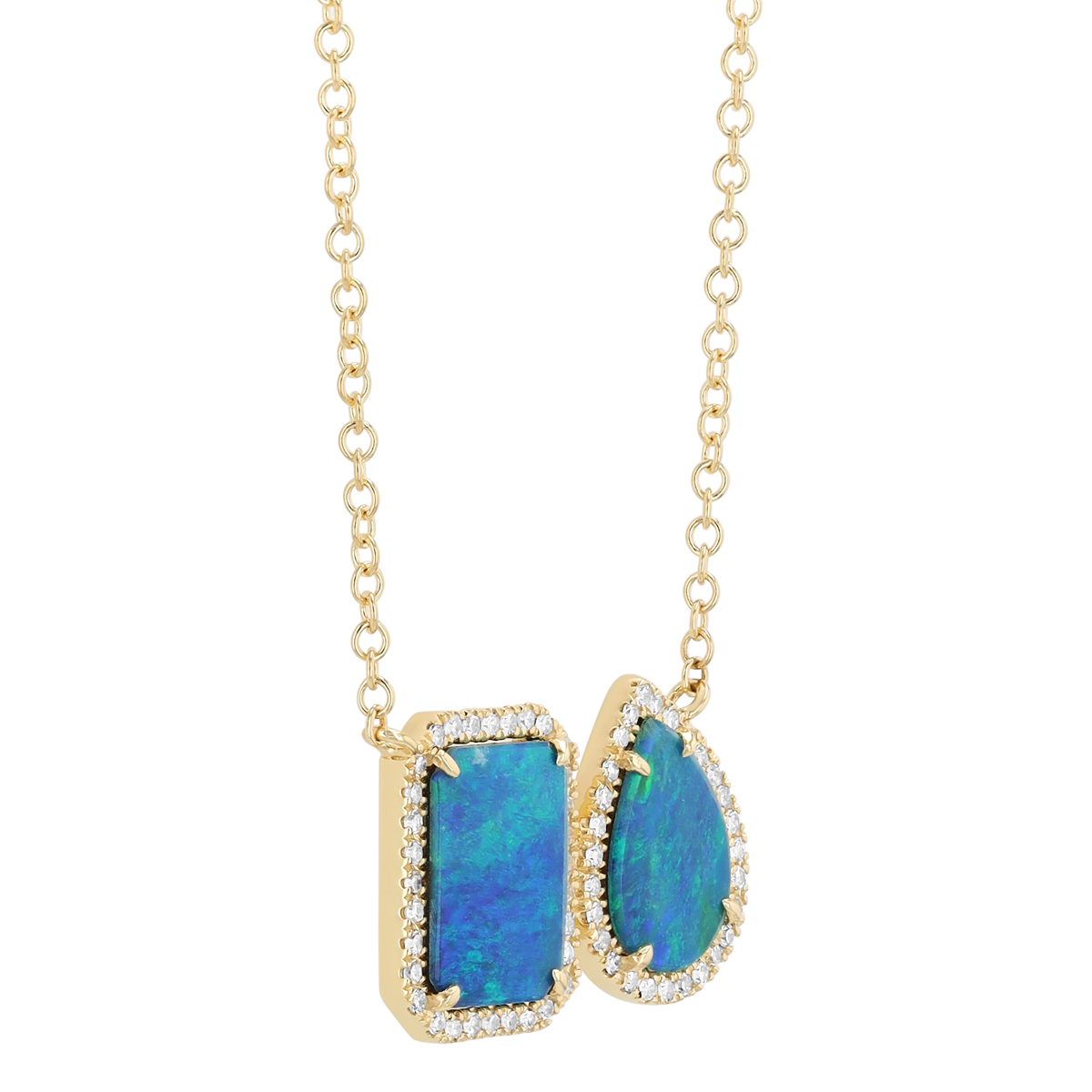 Black Opal & Diamond Halo Duo Necklace in Yellow Gold, 18