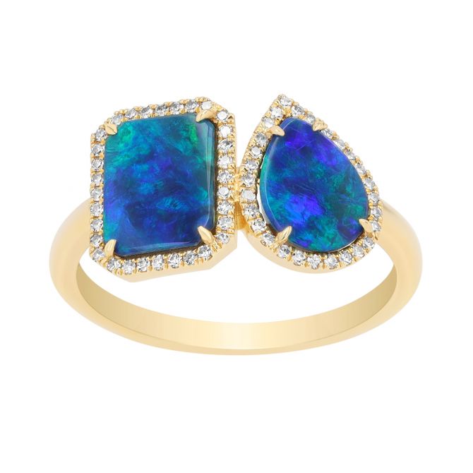 Black Opal & Diamond Halo Duo Ring in Yellow Gold