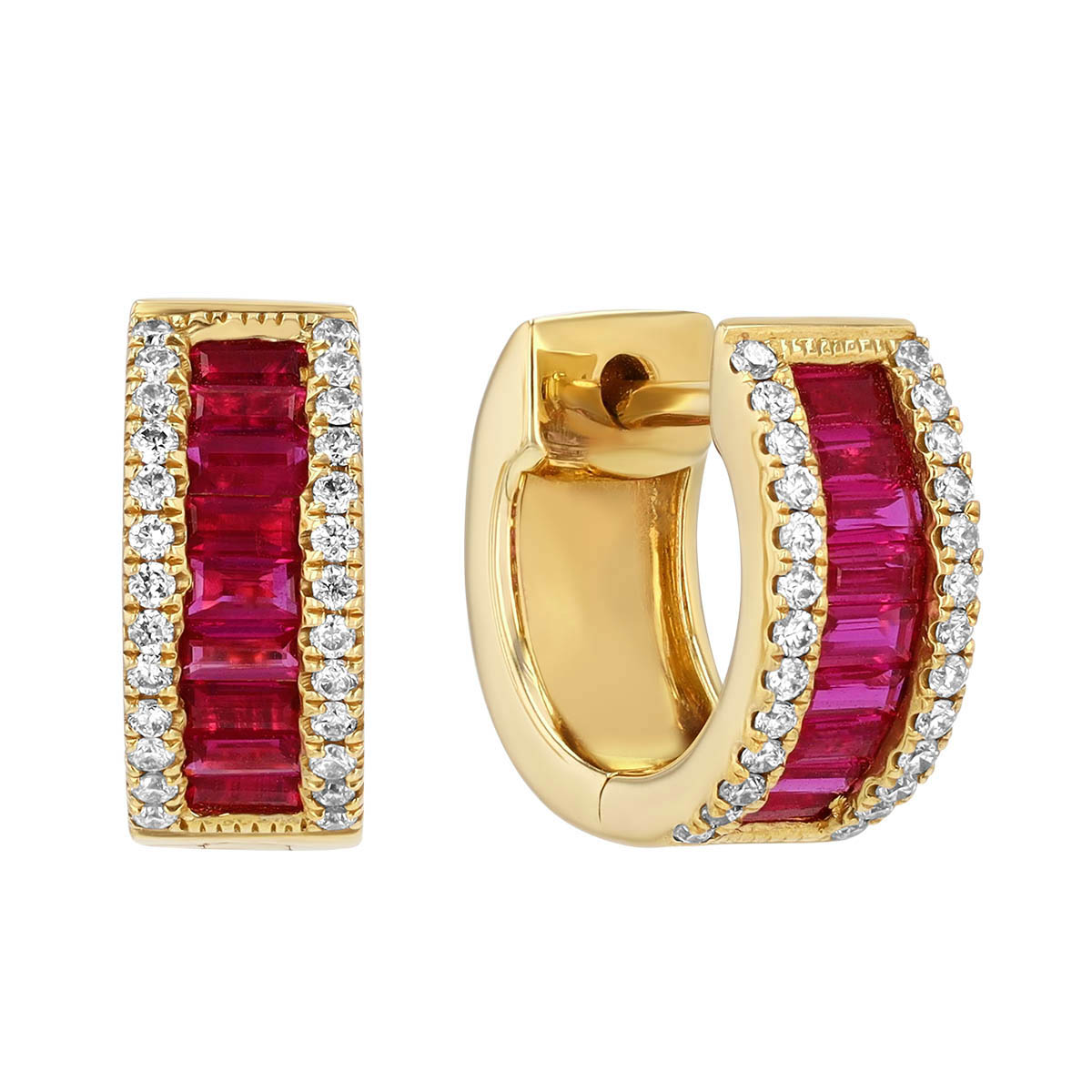 Baguette Ruby & Round Diamond Channel Set Huggie Hoop Earrings in Yellow Gold