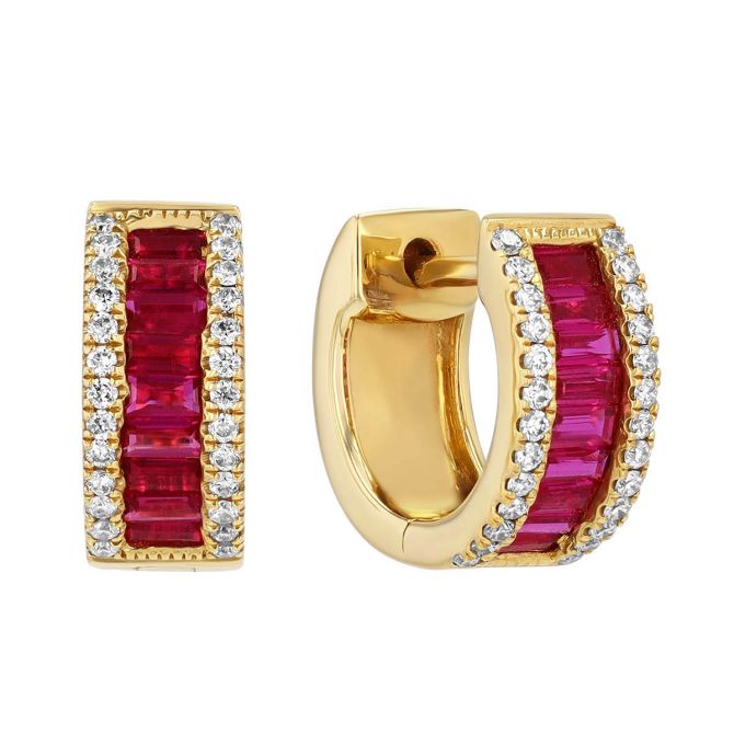 Baguette Ruby & Round Diamond Channel Set Huggie Hoop Earrings in Yellow Gold