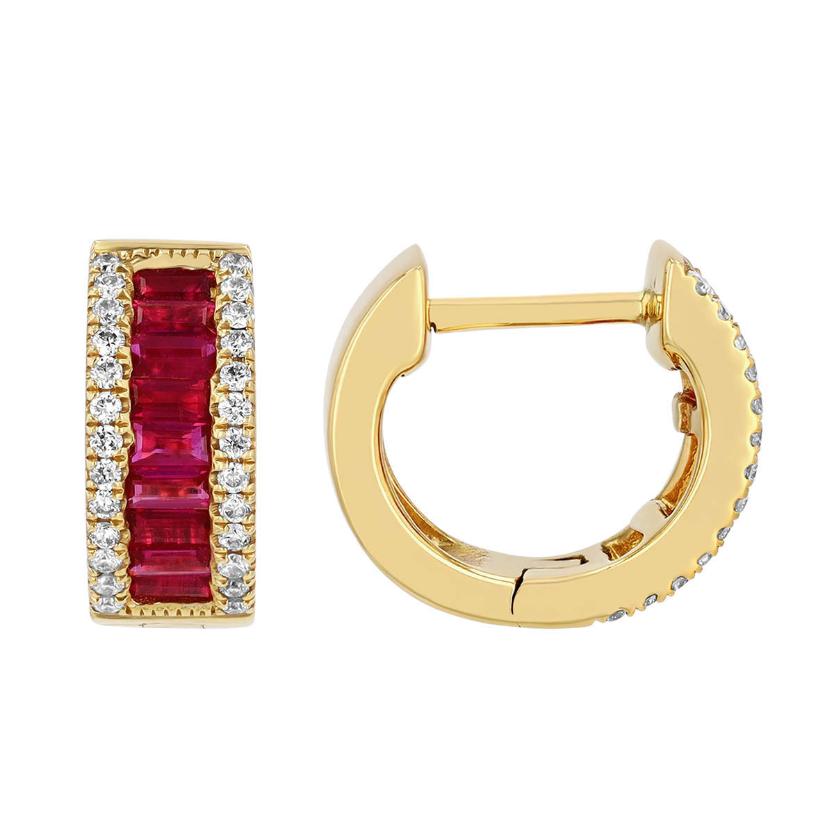 Baguette Ruby & Round Diamond Channel Set Huggie Hoop Earrings in Yellow Gold